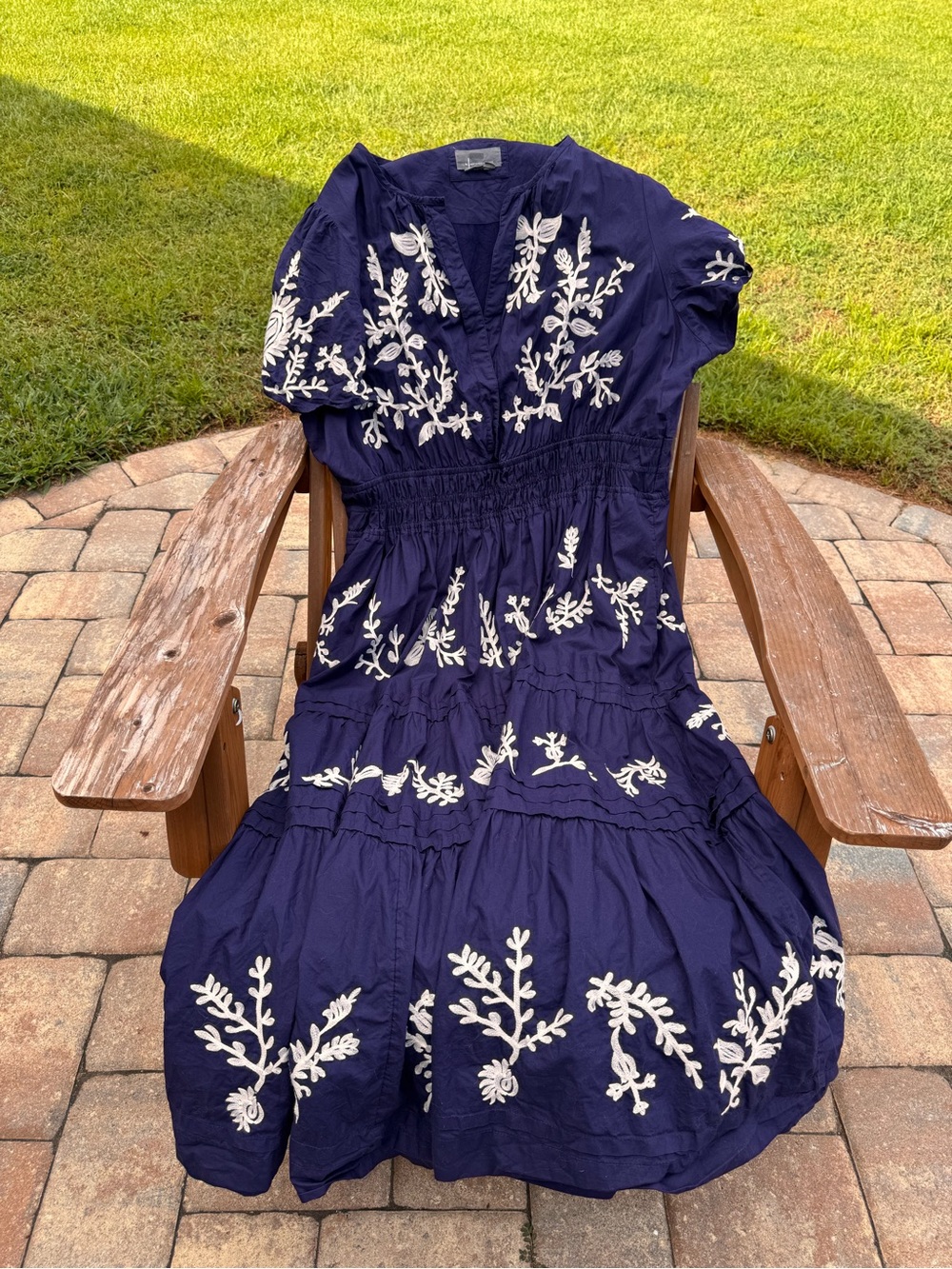 Anthropologie Sommerset Navy Blue Maxi Dress with Cream Floral Embroidery